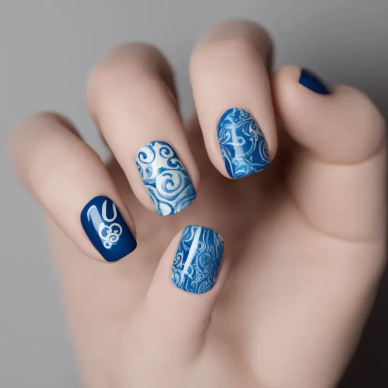 manicura de uñas azules con blanco