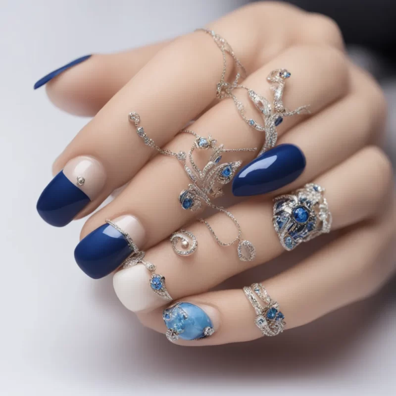 manicura de uñas azules y joyas de diseño