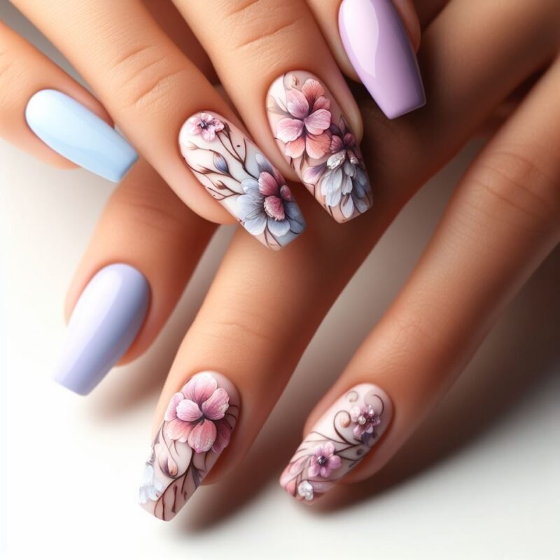 Diseño de uñas cortas con flores