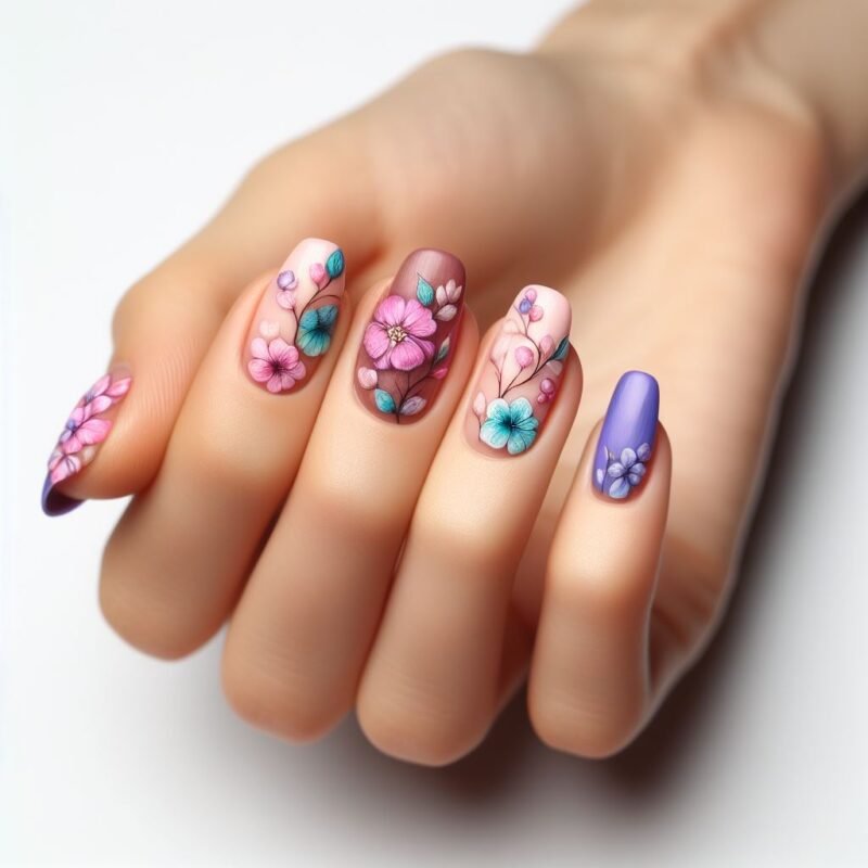Diseño de uñas cortas con flores